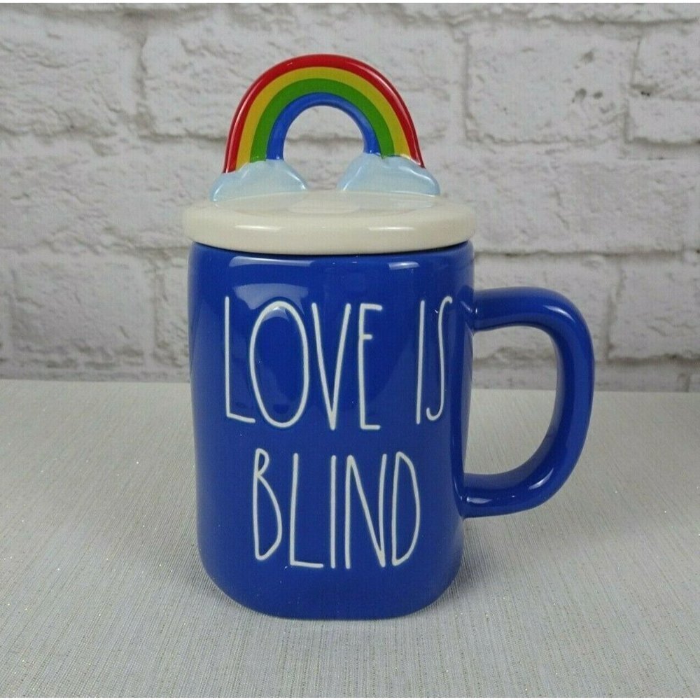 RAE DUNN Rainbow 🌈 Figural Mug Love Is Blind Blue With Lid Pride Decor New